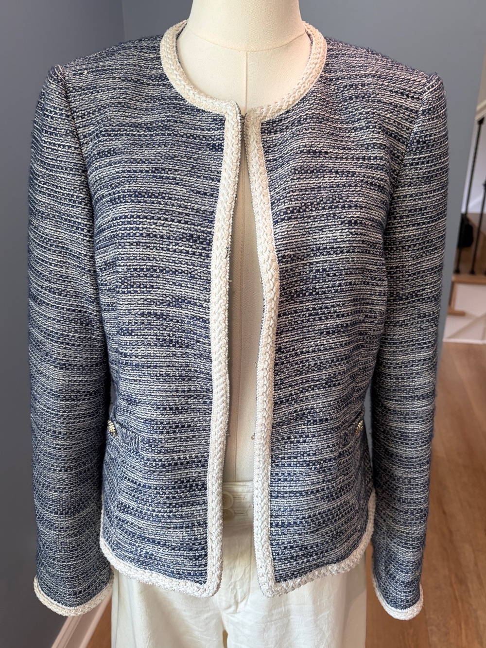 Karl Lagerfeld Paris Blue White Tweed Jacket Fringe Trim Open Front Size 8